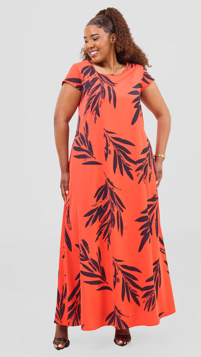 Vivo Basic Round Neck Maxi Dress - Orange / Burgundy Ewale Print