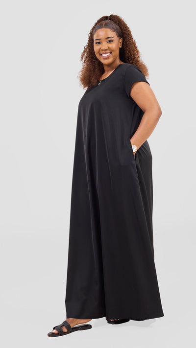 Vivo Basic Round Neck Maxi Dress - Black