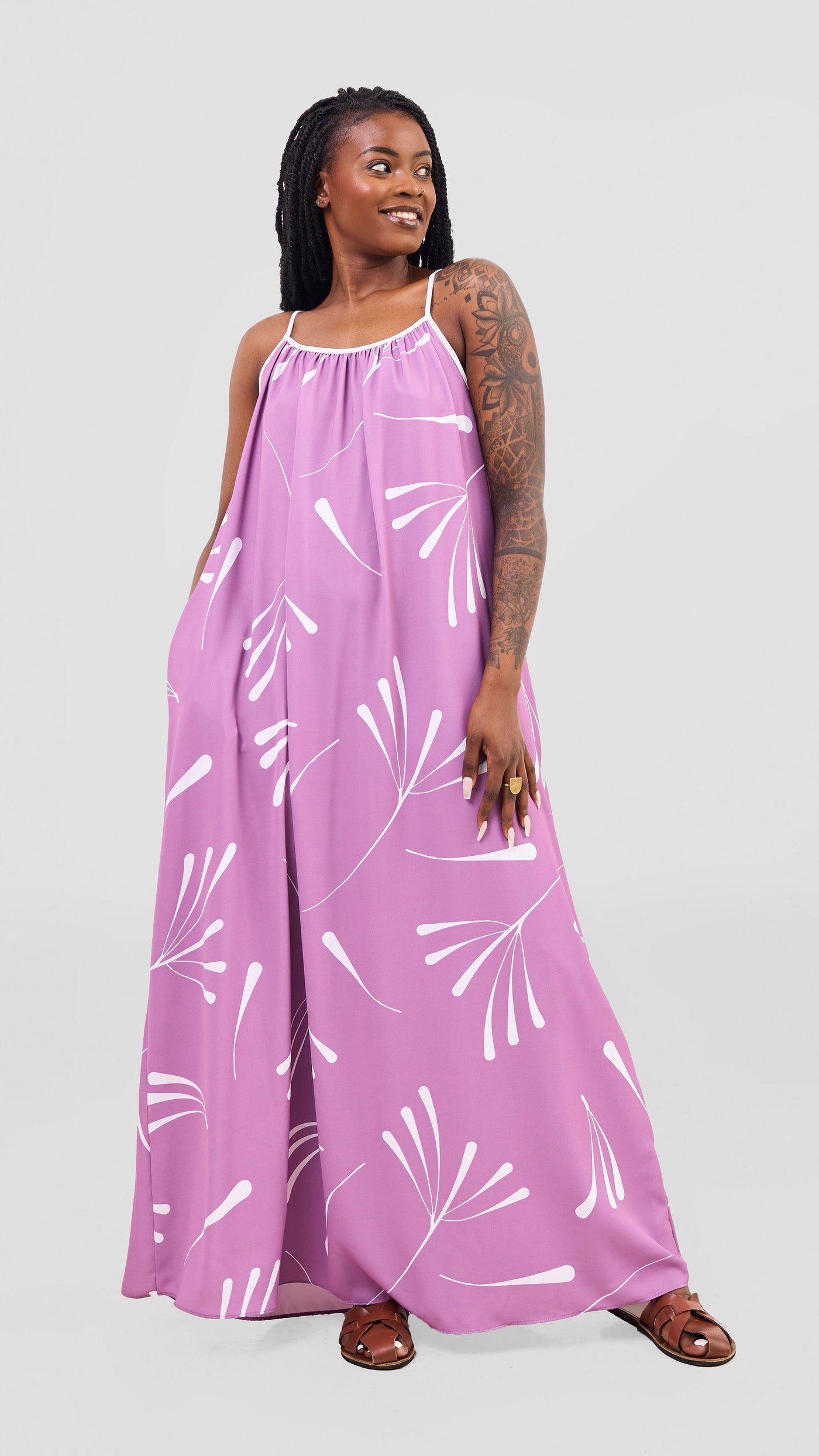 Vivo Nuru Strappy Maxi Dress - Lilac / White Uru Print