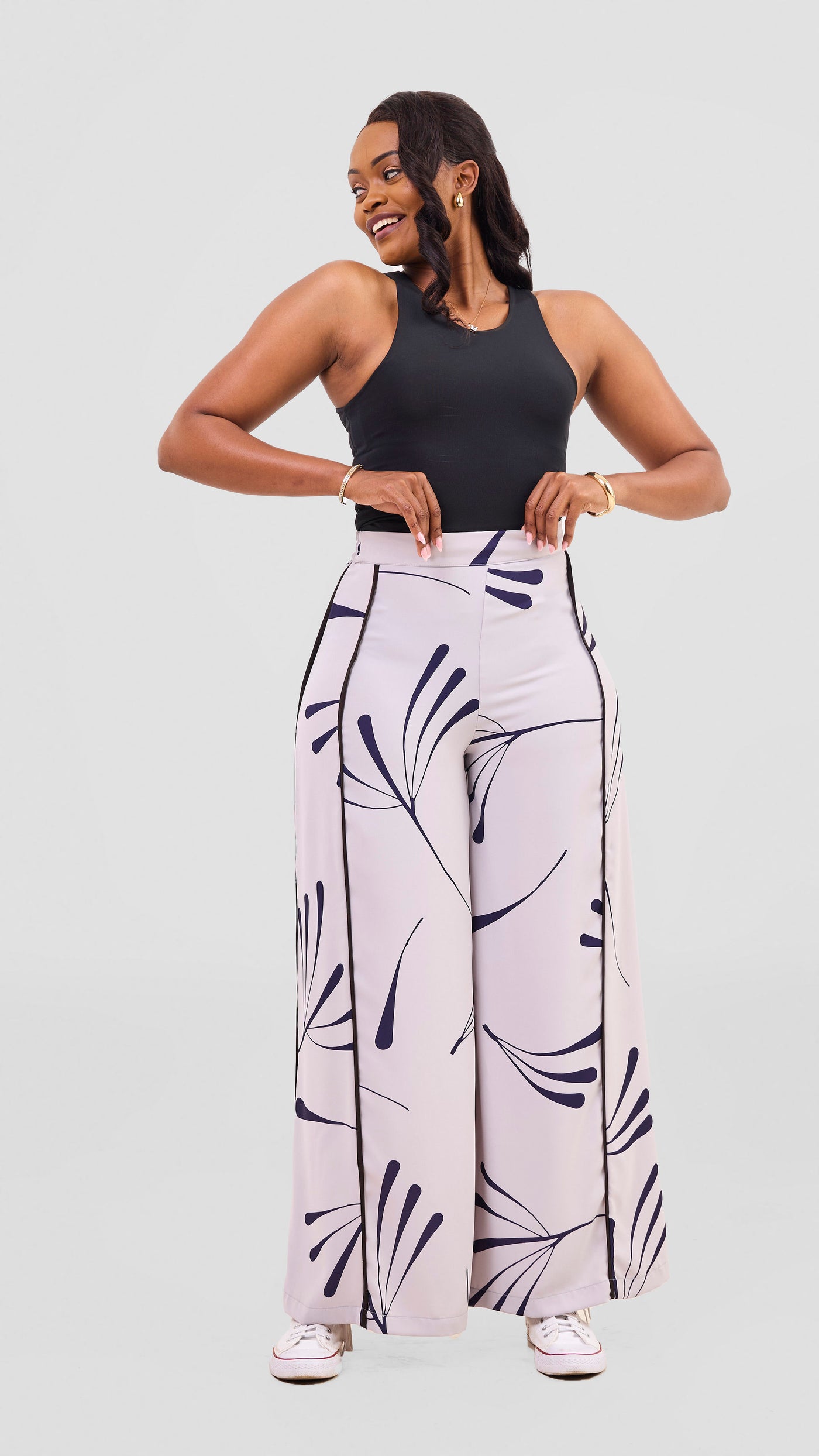 Vivo Nuru Side Panel Wide Leg Pants - Grey / Navy Uru Print