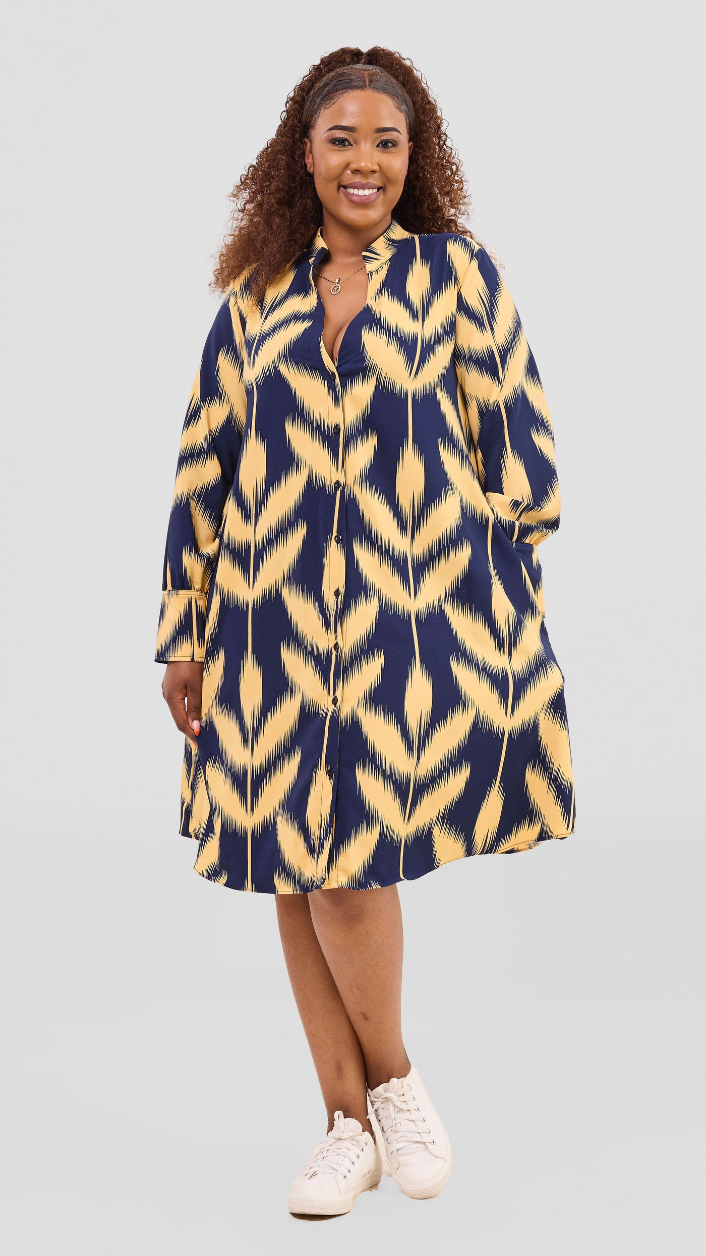 Vivo Kani Tent Shirt Dress - Mustard / Navy Print