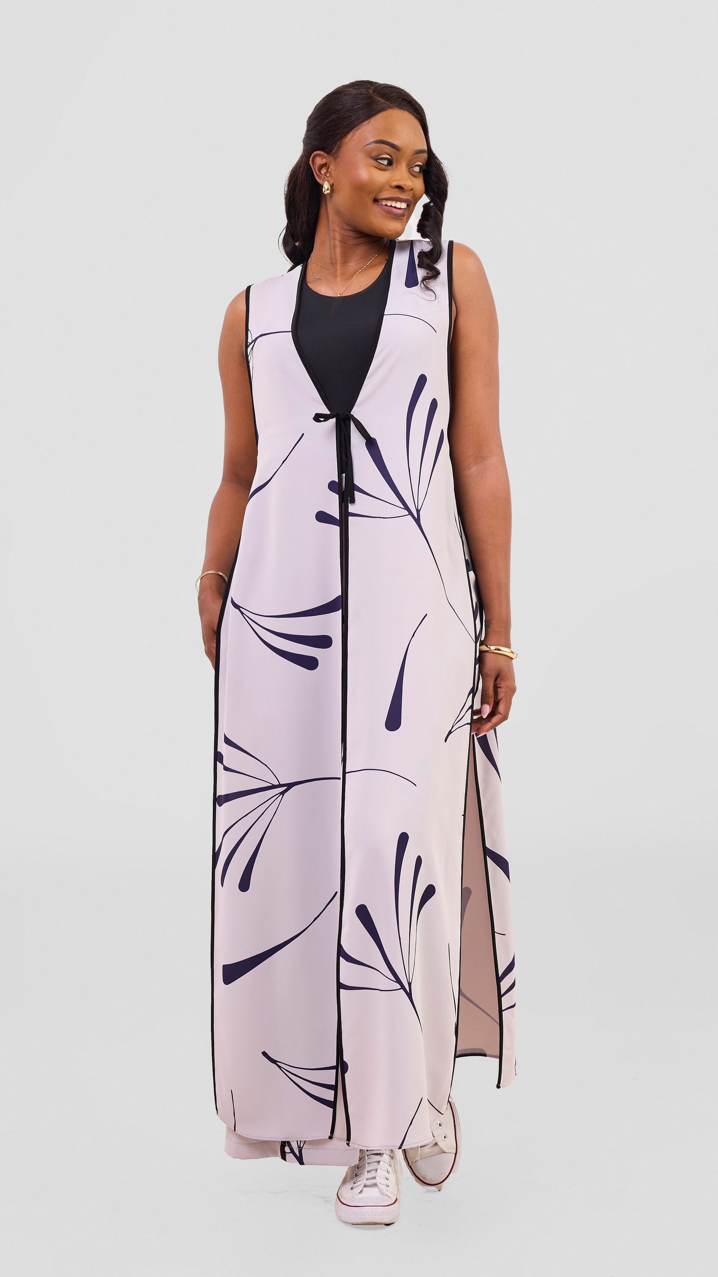 Vivo Nuru Sleeveless Maxi Kimono - Grey / Navy Uru Print