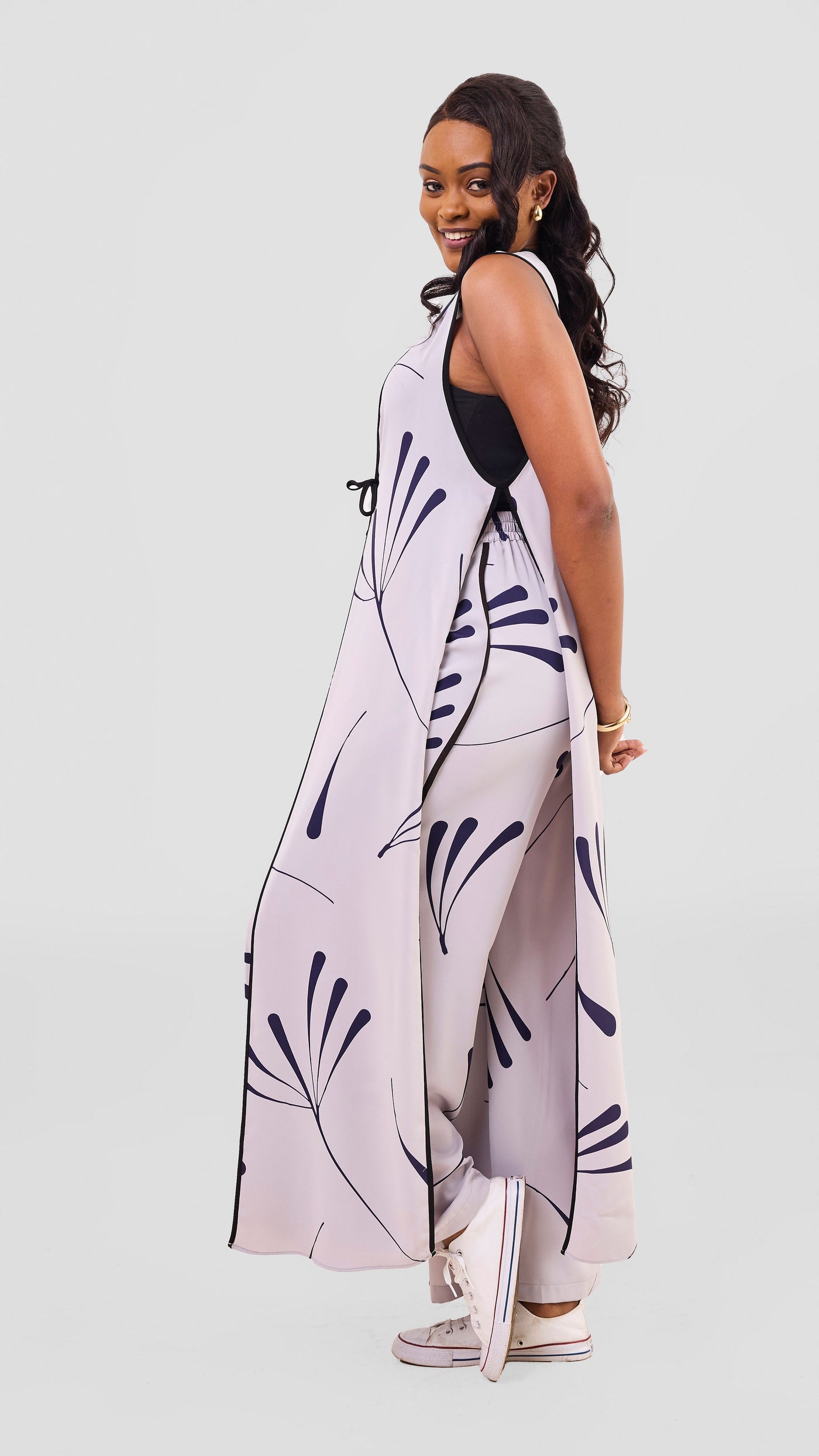 Vivo Nuru Sleeveless Maxi Kimono - Grey / Navy Uru Print