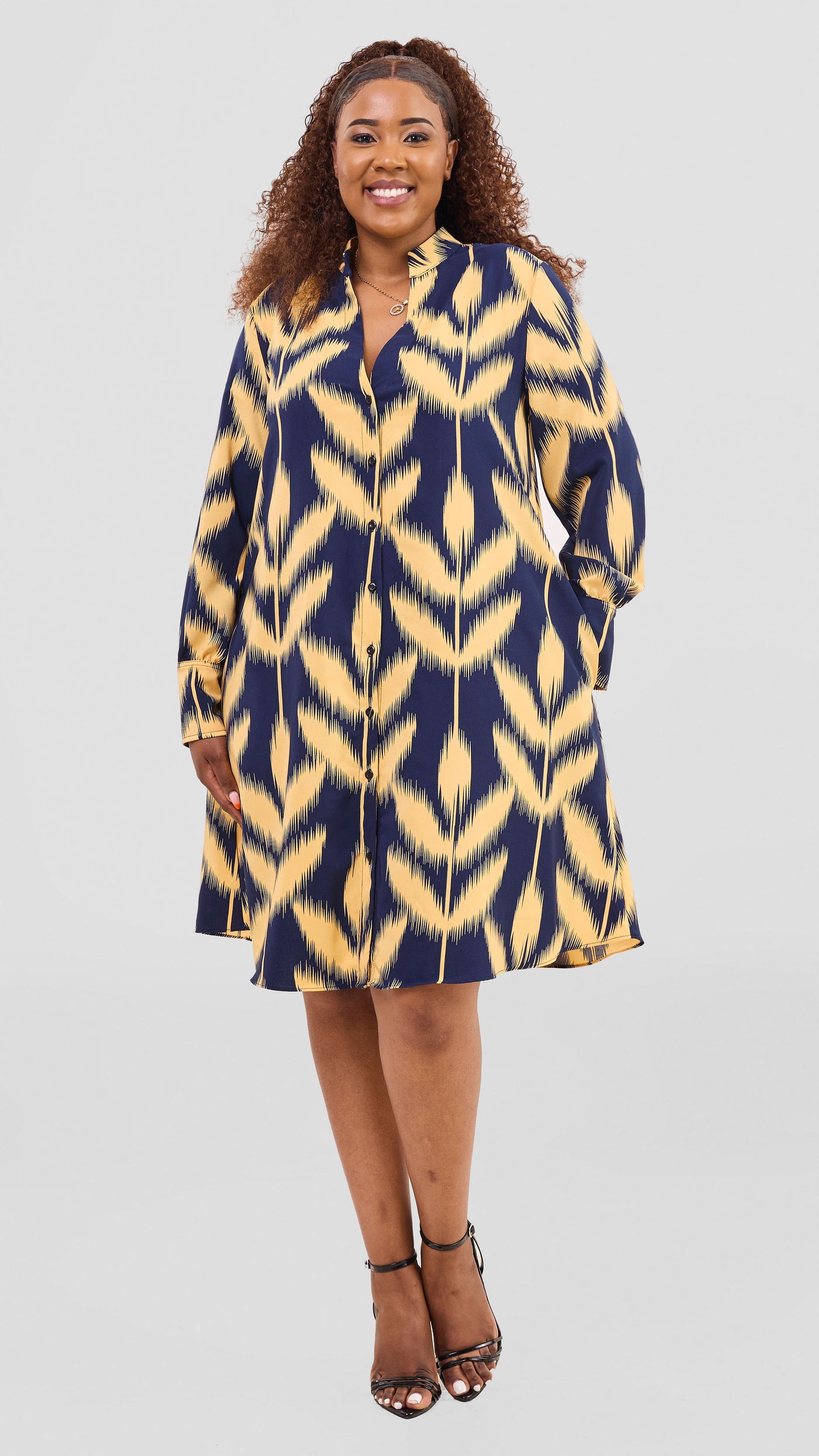 Vivo Kani Tent Shirt Dress - Mustard / Navy Print