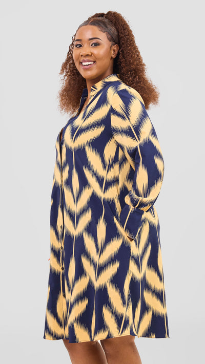 Vivo Kani Tent Shirt Dress - Mustard / Navy Print
