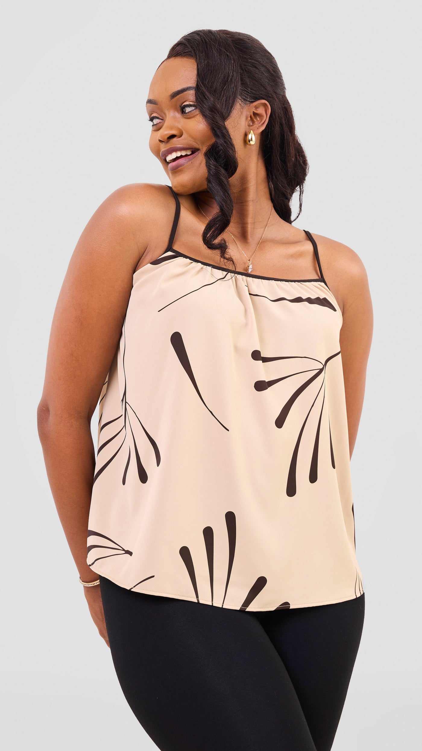 Vivo Nuru Strappy Top - Taupe / Chocolate Uri Print