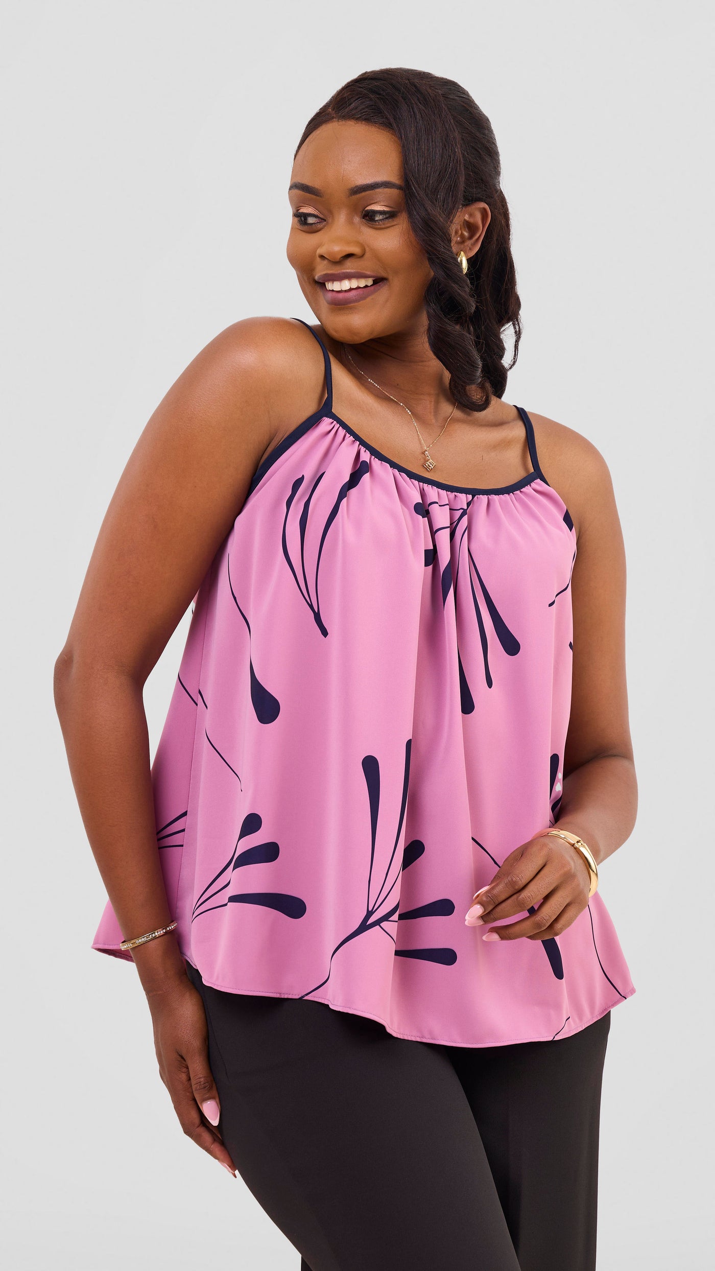 Vivo Nuru Strappy Top - Dusty Pink / Navy Uri Print