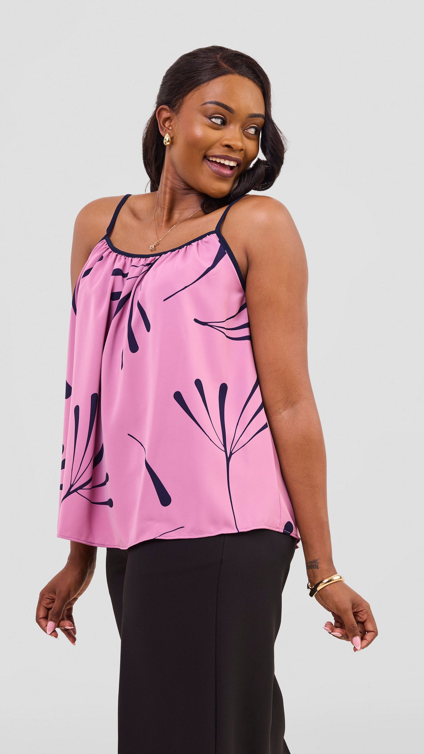 Vivo Nuru Strappy Top - Dusty Pink / Navy Uri Print