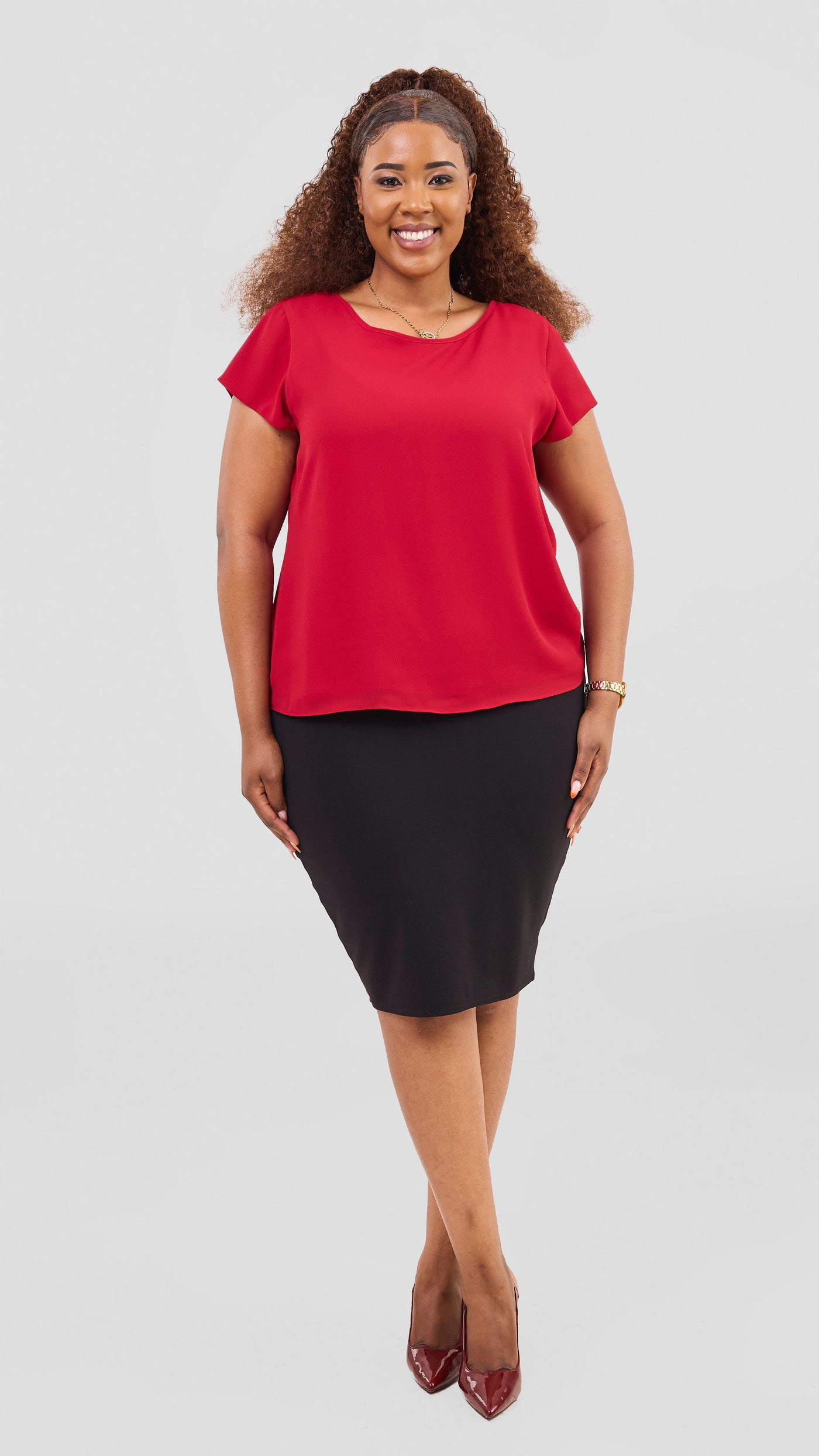 Vivo Basic Chiffon Cap Sleeve Top(Double Layered) - Dark Red