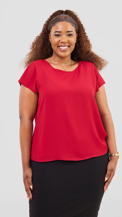 Vivo Basic Chiffon Cap Sleeve Top(Double Layered) - Dark Red