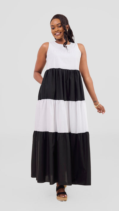 Safari Solana Sleeveless Tiered Maxi Dress - White / Black