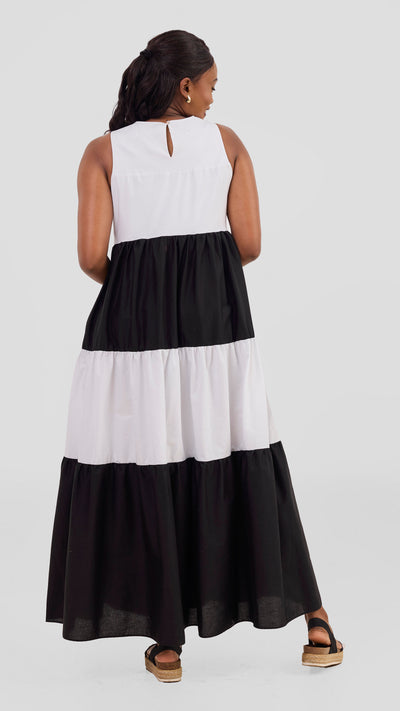 Safari Solana Sleeveless Tiered Maxi Dress - White / Black