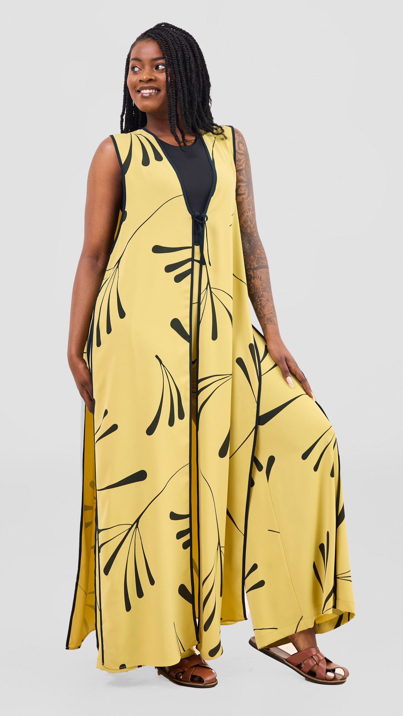 Vivo Nuru Sleeveless Maxi Kimono - Lime / Black Uru Print