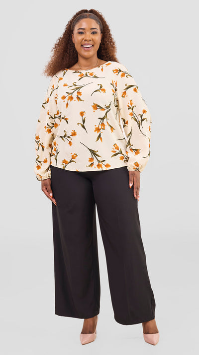 Vivo Basic Crepe Bishop Sleeve Top - Cream / Olive Print