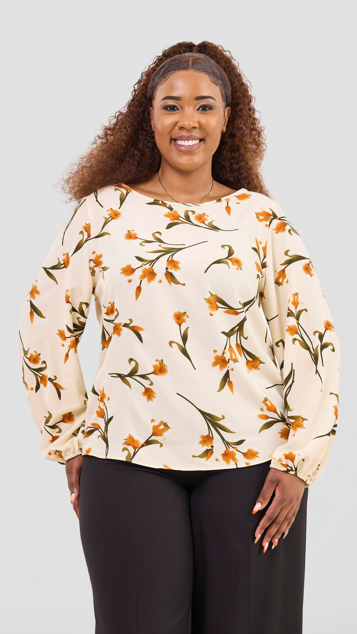 Vivo Basic Crepe Bishop Sleeve Top - Cream / Olive Print