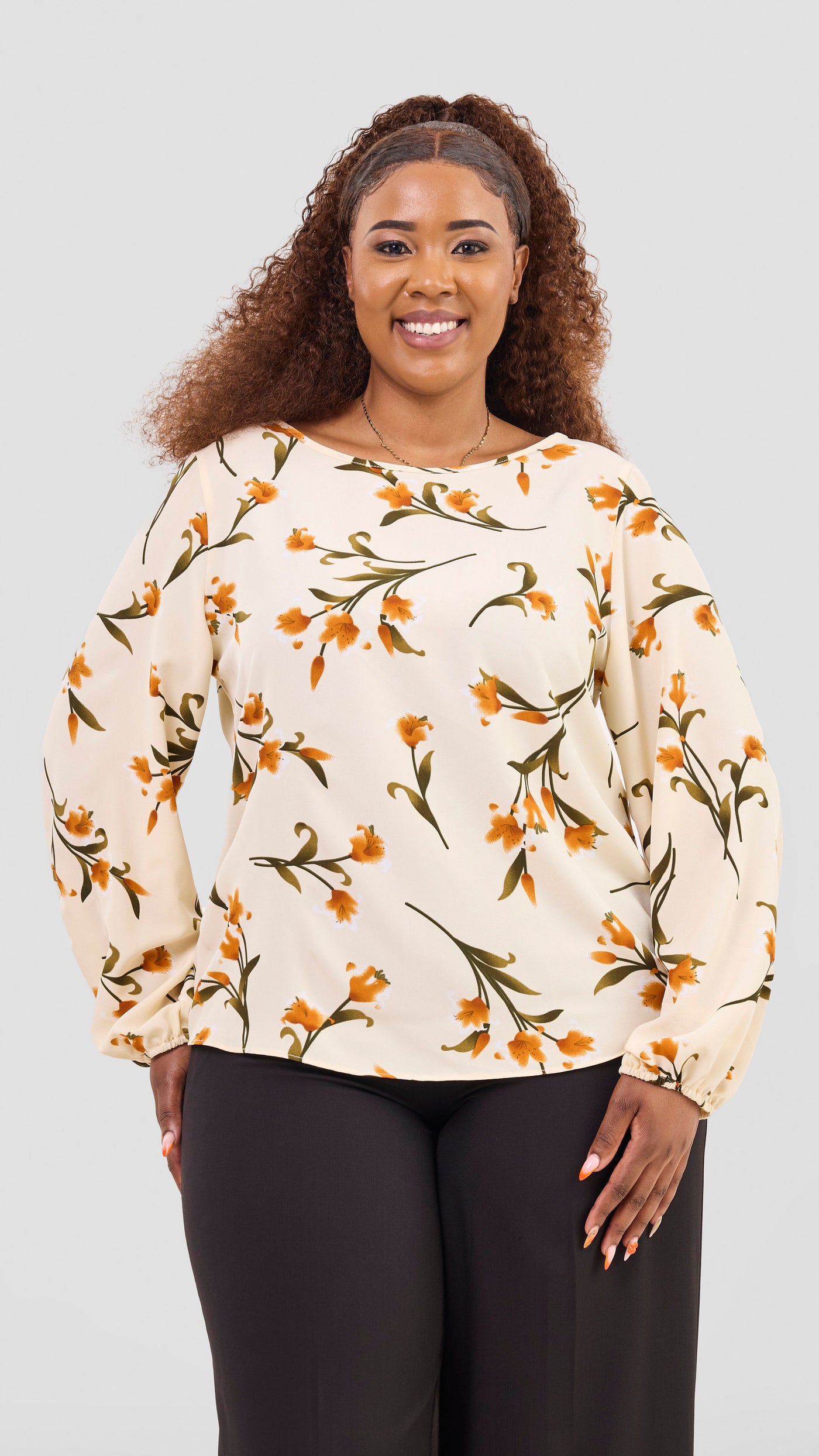 Vivo Basic Crepe Bishop Sleeve Top - Cream / Olive Print
