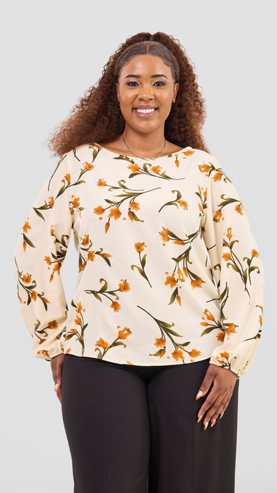 Vivo Basic Crepe Bishop Sleeve Top - Cream / Olive Print