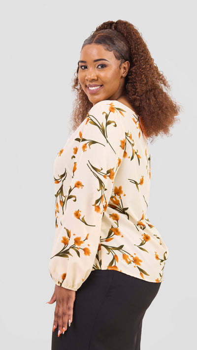 Vivo Basic Crepe Bishop Sleeve Top - Cream / Olive Print