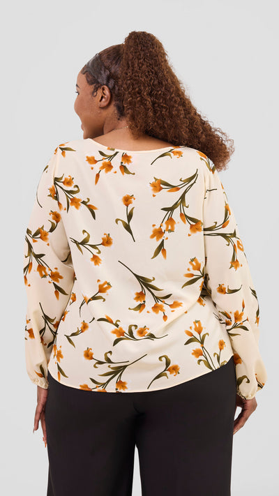 Vivo Basic Crepe Bishop Sleeve Top - Cream / Olive Print