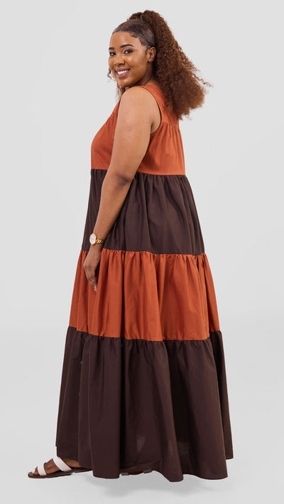 Safari Solana Sleeveless Tiered Maxi Dress - Rust / Chocolate