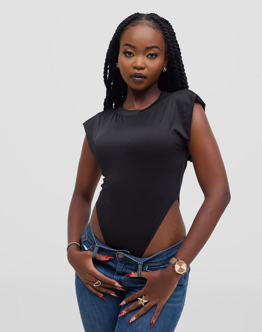 Glam Lab Bodysuit With Shoulder Pads - Black