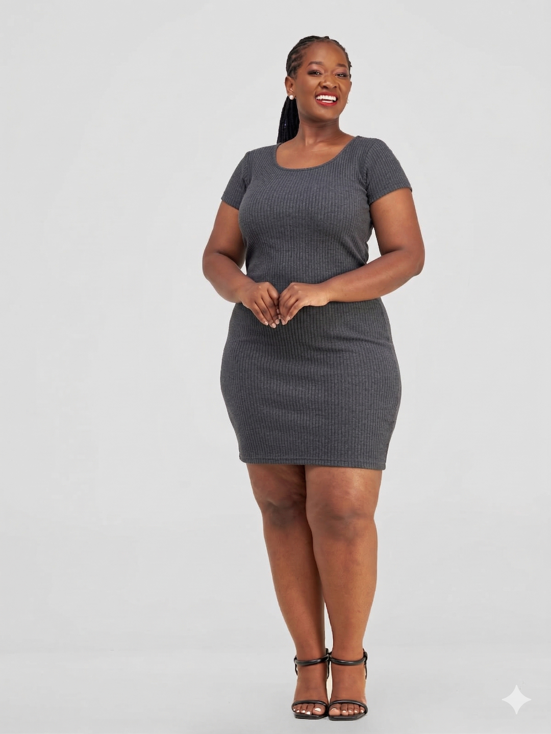 Essentiables Cotton Ribbed Mid Knee Length Dress - Dark grey