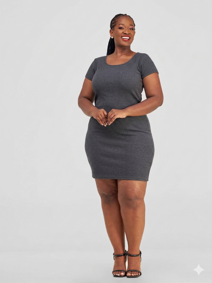 Essentiables Cotton Ribbed Mid Knee Length Dress - Dark grey