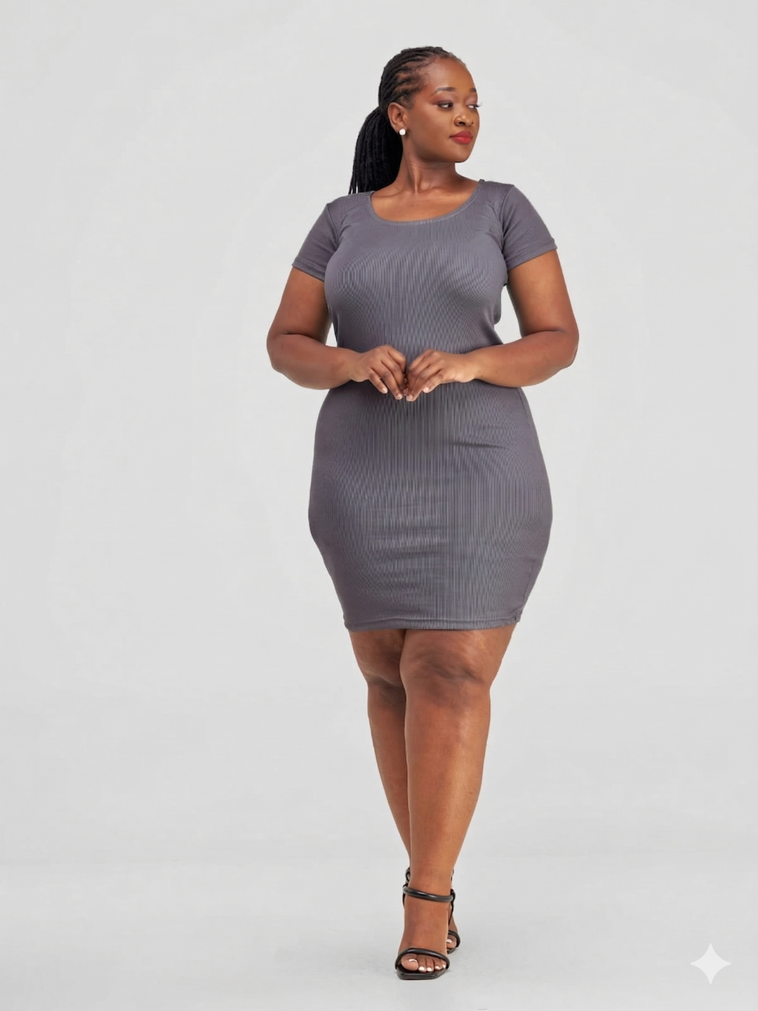 Essentiables Cotton Ribbed Mid Knee Length Dress - Dark grey