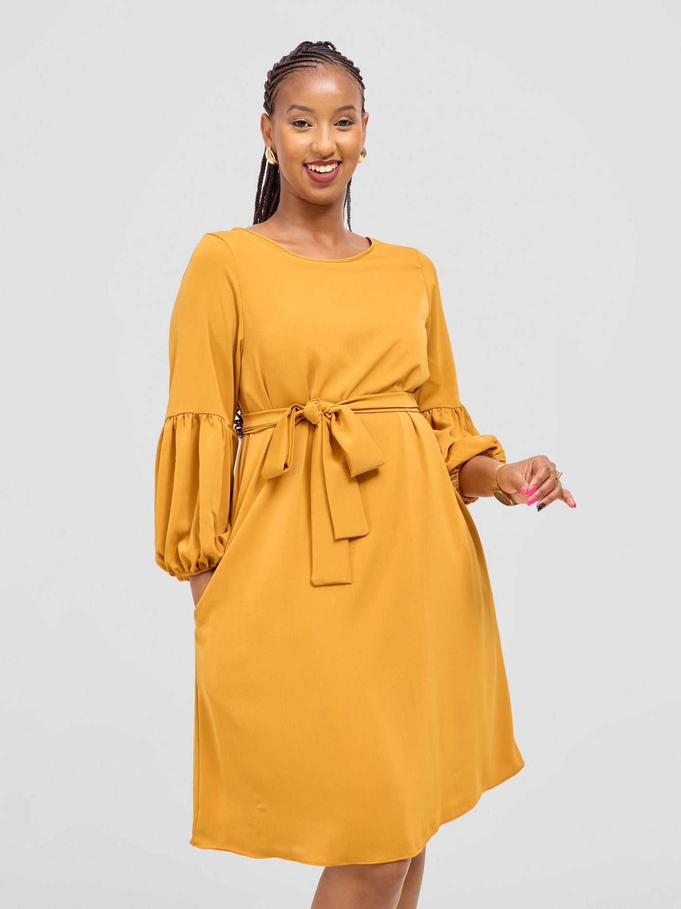 Vivo Zena Bishop Panel Long Sleeve Round Neck Dress - Mustard - Shopzetu
