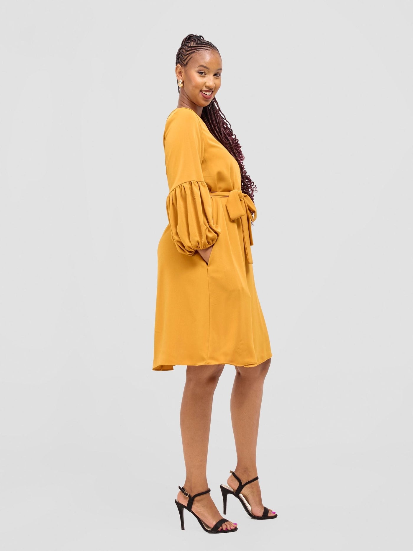 Vivo Zena Bishop Panel Long Sleeve Round Neck Dress - Mustard - Shopzetu