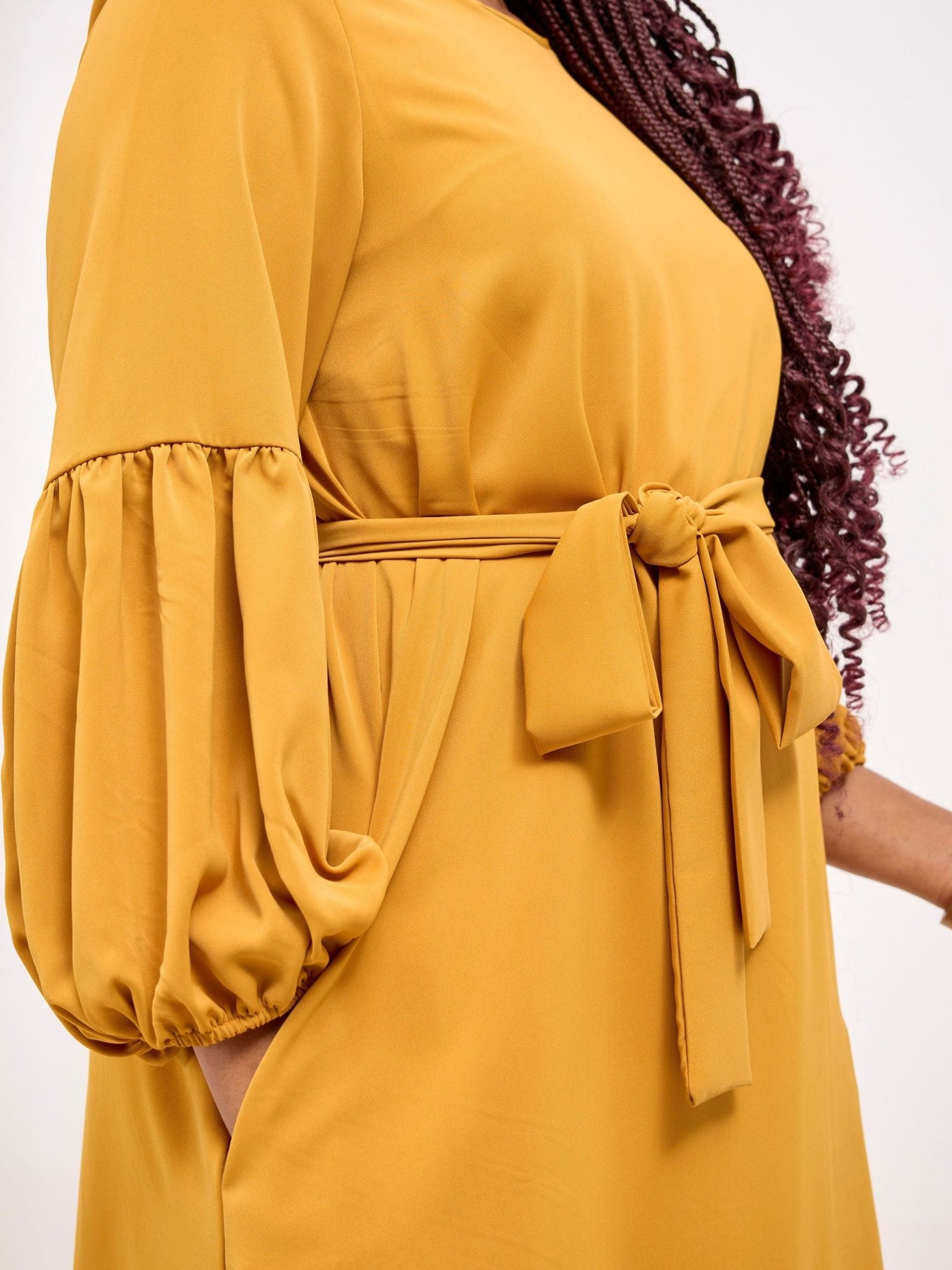 Vivo Zena Bishop Panel Long Sleeve Round Neck Dress - Mustard - Shopzetu