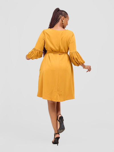 Vivo Zena Bishop Panel Long Sleeve Round Neck Dress - Mustard - Shopzetu