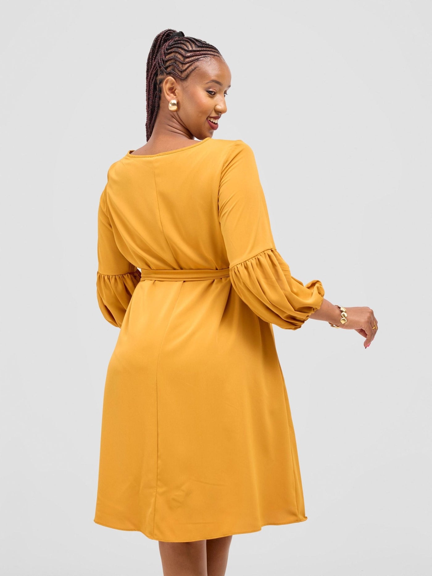Vivo Zena Bishop Panel Long Sleeve Round Neck Dress - Mustard - Shopzetu
