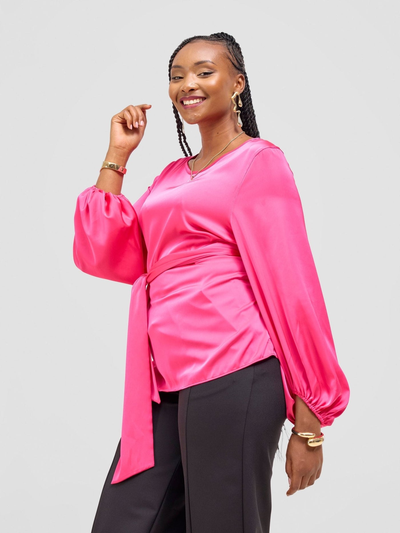 Vivo Basic Izzy Satin Bishop Sleeve Top - Pink - Shopzetu