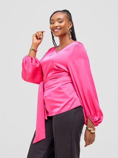 Vivo Basic Izzy Satin Bishop Sleeve Top - Pink - Shopzetu