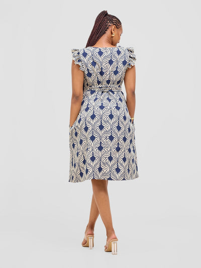 Vivo Nasinka A - line Knee Length Dress - Cream / Navy Sika Print - Shopzetu