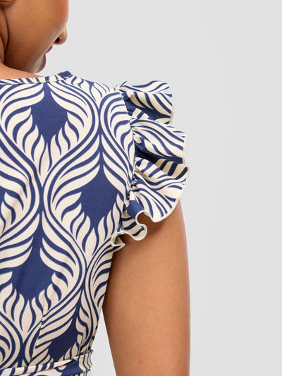 Vivo Nasinka A - line Knee Length Dress - Cream / Navy Sika Print - Shopzetu