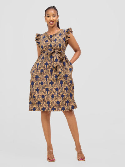 Vivo Nasinka A - line Knee Length Dress - Navy / Tan Sika Print - Shopzetu
