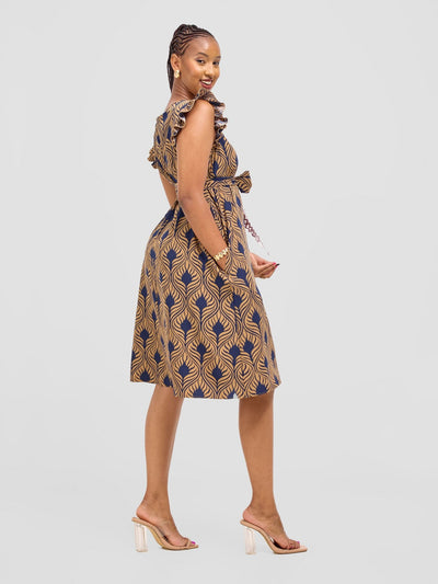 Vivo Nasinka A - line Knee Length Dress - Navy / Tan Sika Print - Shopzetu