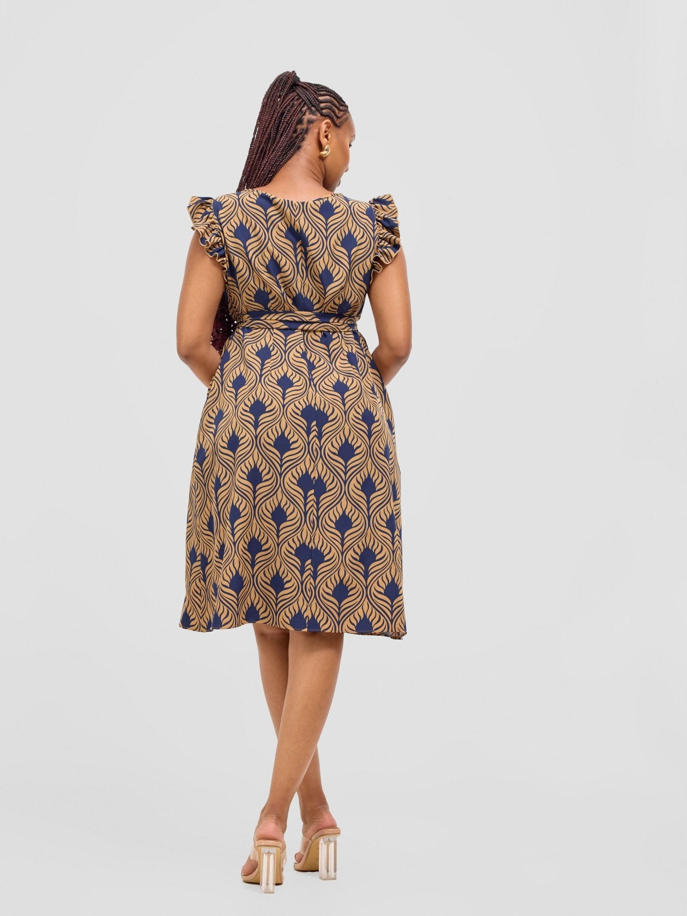 Vivo Nasinka A - line Knee Length Dress - Navy / Tan Sika Print - Shopzetu