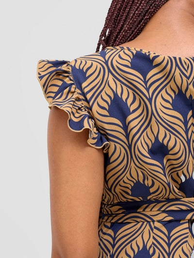 Vivo Nasinka A - line Knee Length Dress - Navy / Tan Sika Print - Shopzetu