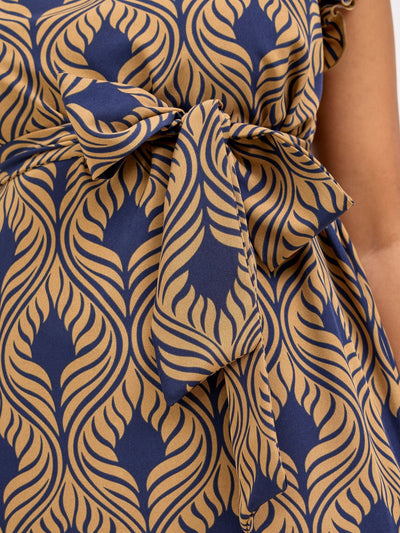 Vivo Nasinka A - line Knee Length Dress - Navy / Tan Sika Print - Shopzetu