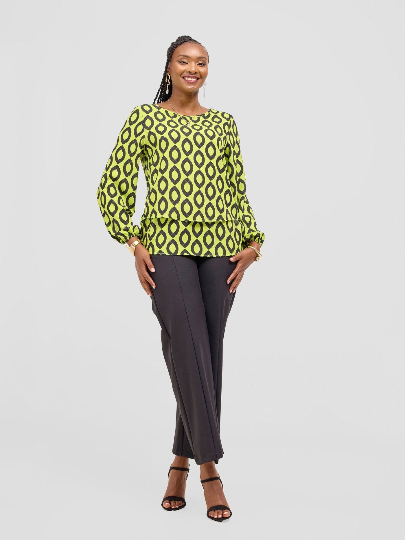 Vivo Jasiri Bishop Sleeve Layered Top - Lime Green / Black Dala Print - Shopzetu