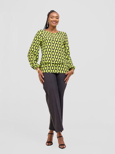 Vivo Jasiri Bishop Sleeve Layered Top - Lime Green / Black Dala Print - Shopzetu