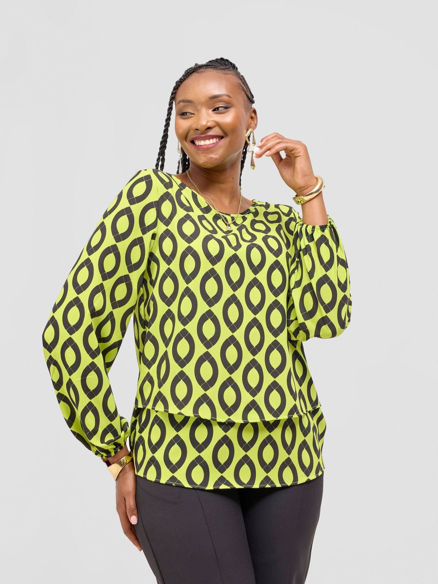 Vivo Jasiri Bishop Sleeve Layered Top - Lime Green / Black Dala Print - Shopzetu