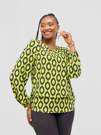 Vivo Jasiri Bishop Sleeve Layered Top - Lime Green / Black Dala Print - Shopzetu