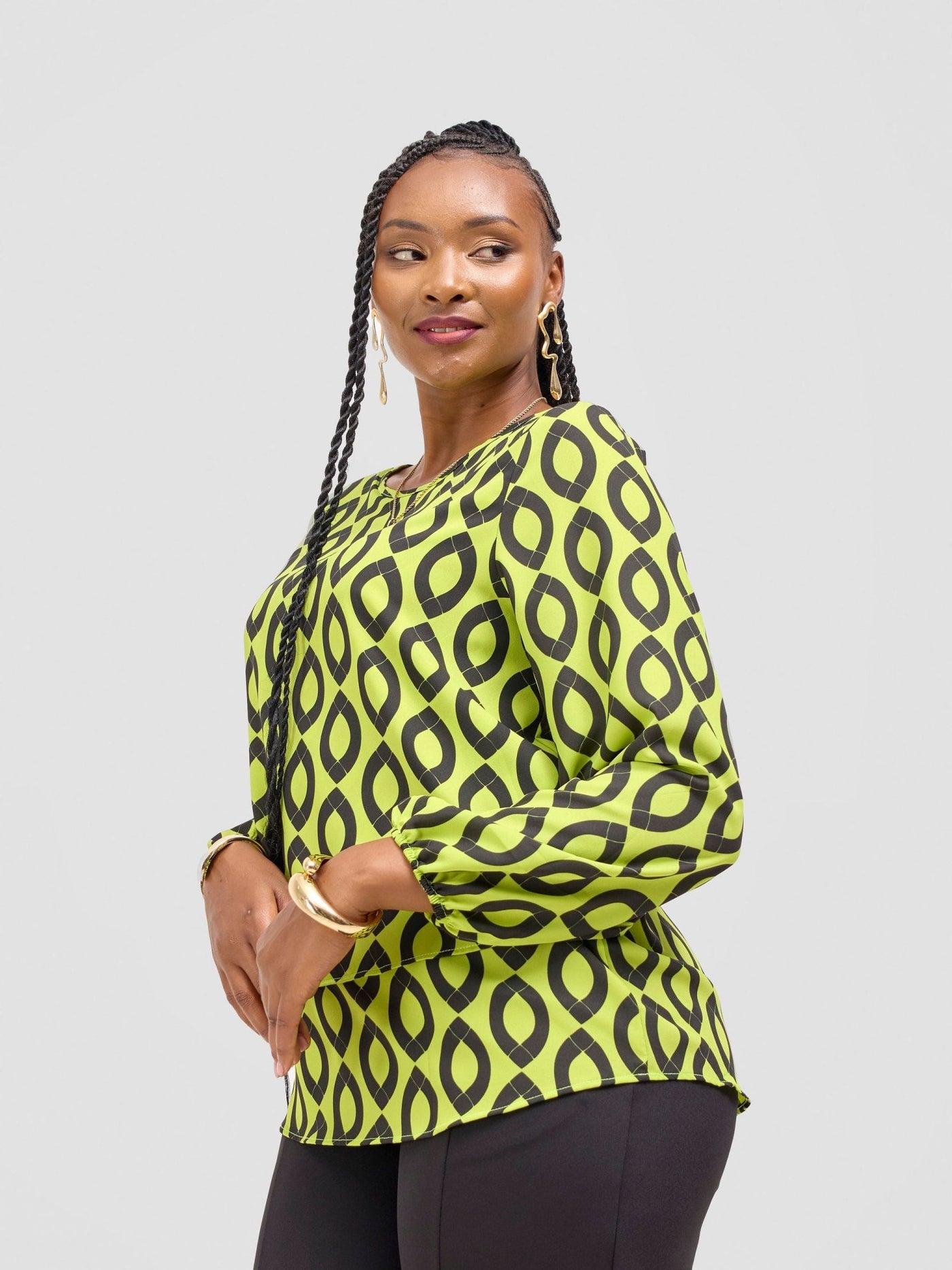 Vivo Jasiri Bishop Sleeve Layered Top - Lime Green / Black Dala Print - Shopzetu