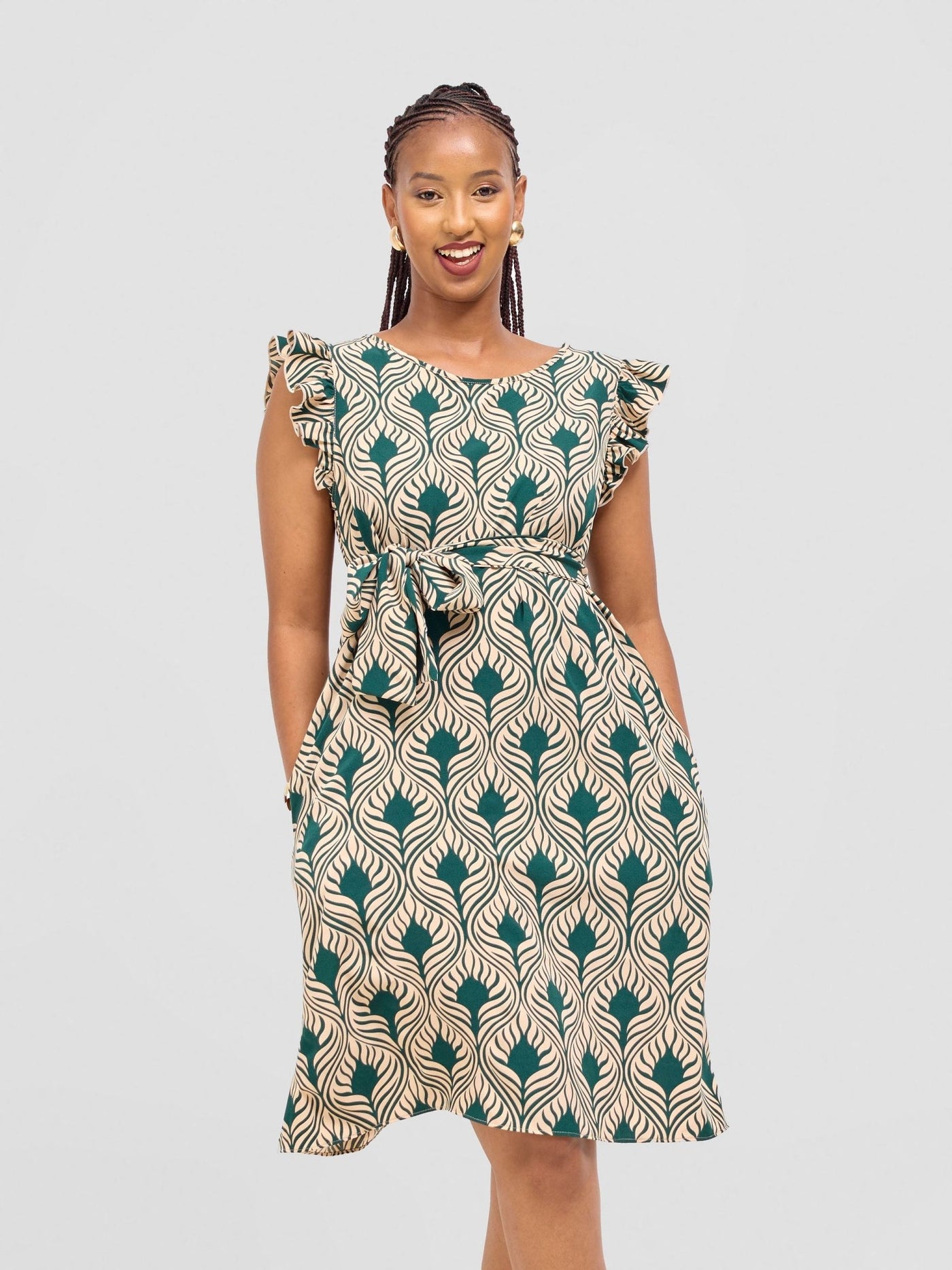 Vivo Nasinka A - line Knee Length Dress - Cream / Green Sika Print - Shopzetu