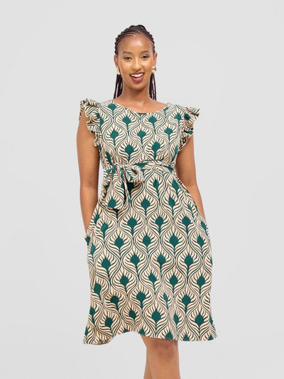 Vivo Nasinka A - line Knee Length Dress - Cream / Green Sika Print - Shopzetu