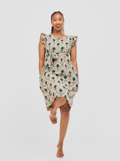 Vivo Nasinka A - line Knee Length Dress - Cream / Green Sika Print - Shopzetu